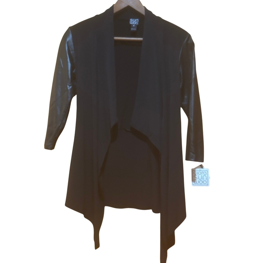 NWT Clara Sun Woo Cardigan Size XS Black Open Front Faux Leather Slv Minimalist